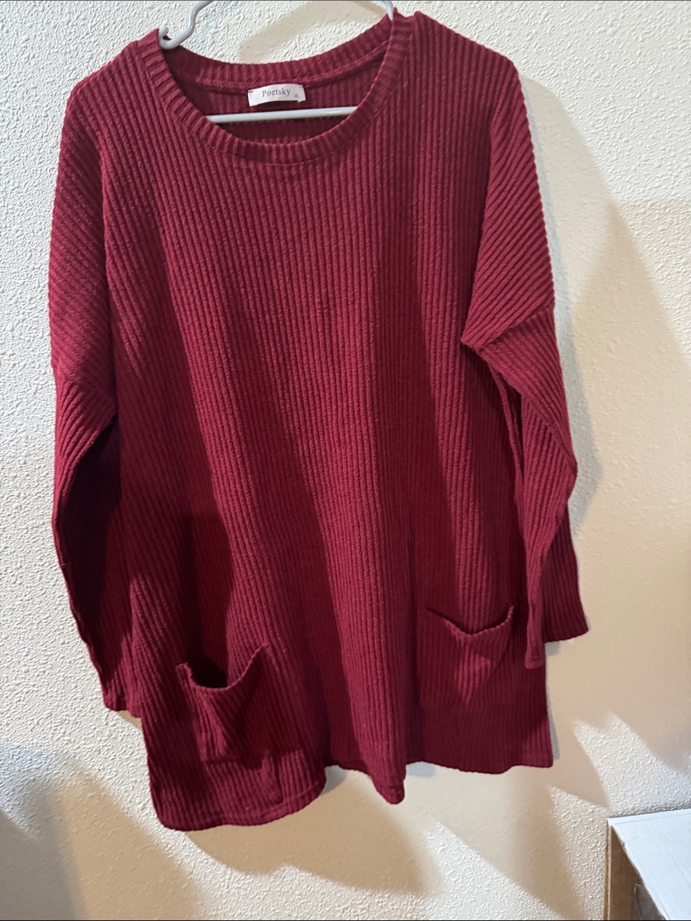 Poetry Deep Burgundy Ribbed Scoop-Neck Sweater with Pockets
